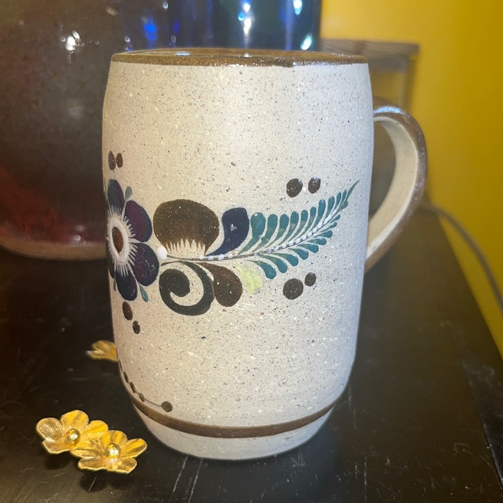 Hand painted vintage Tonala mug - Mexico - signed G.F. Clay